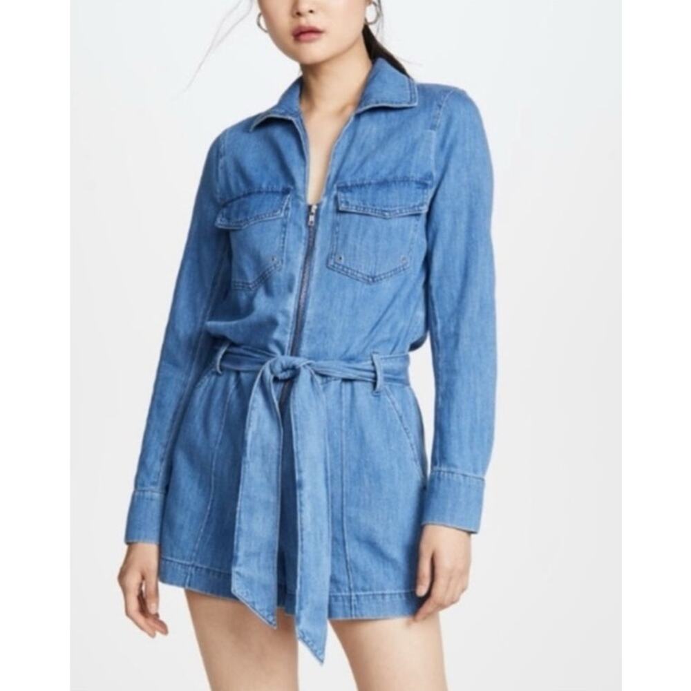 Veronica Beard Jean Denim Long Sleeve Zip Front Romper Blue S